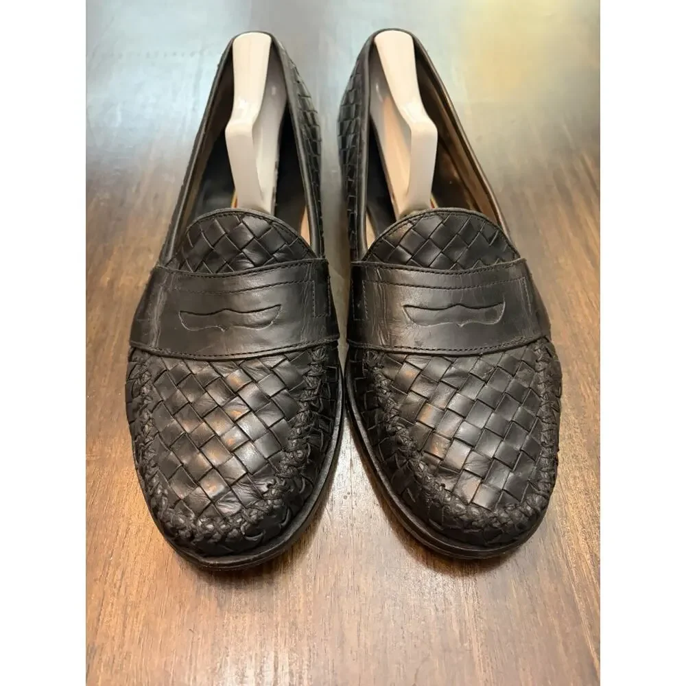 Mens 10.5 M Cole Haan Black Leather Woven Penny Loafers Dress Shoes